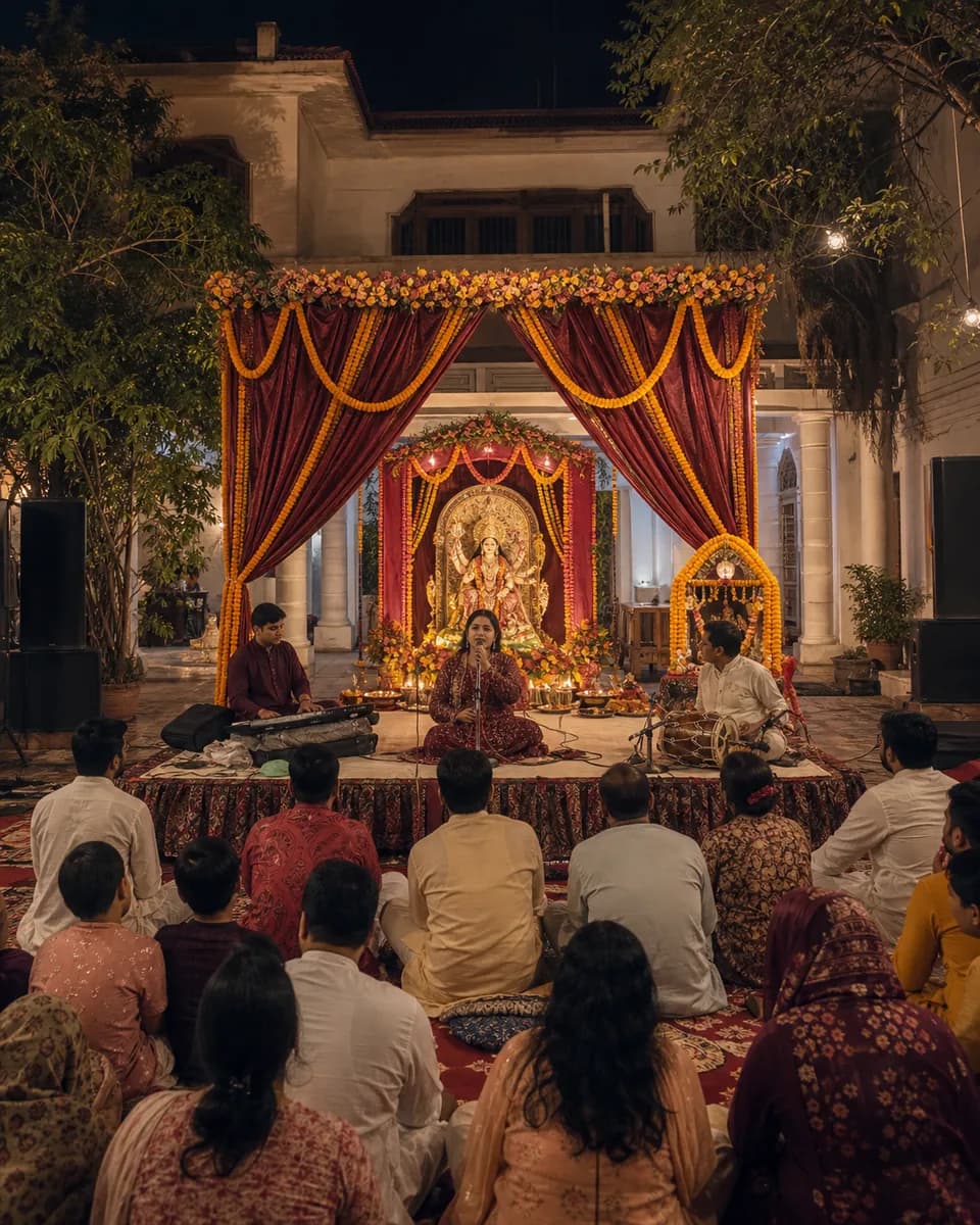 A night jagran with a decorated darbar in the courtyard of a Model Town kothi