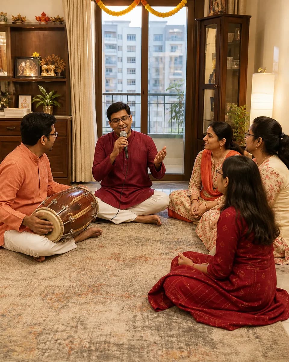 A singer, dholak player and family sharing an intimate kirtan in a Rohini apartment