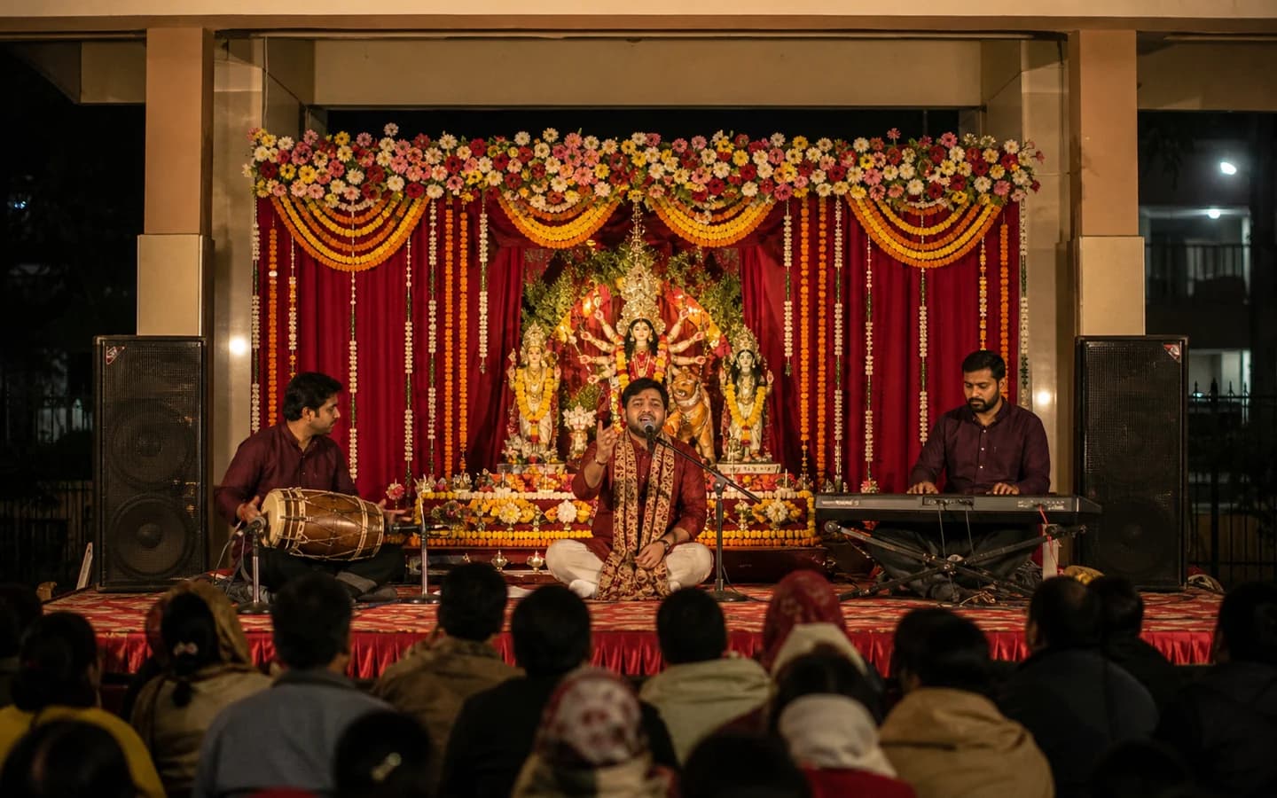 Singer and musicians performing before a decorated Mata Rani stage at a night jagran
