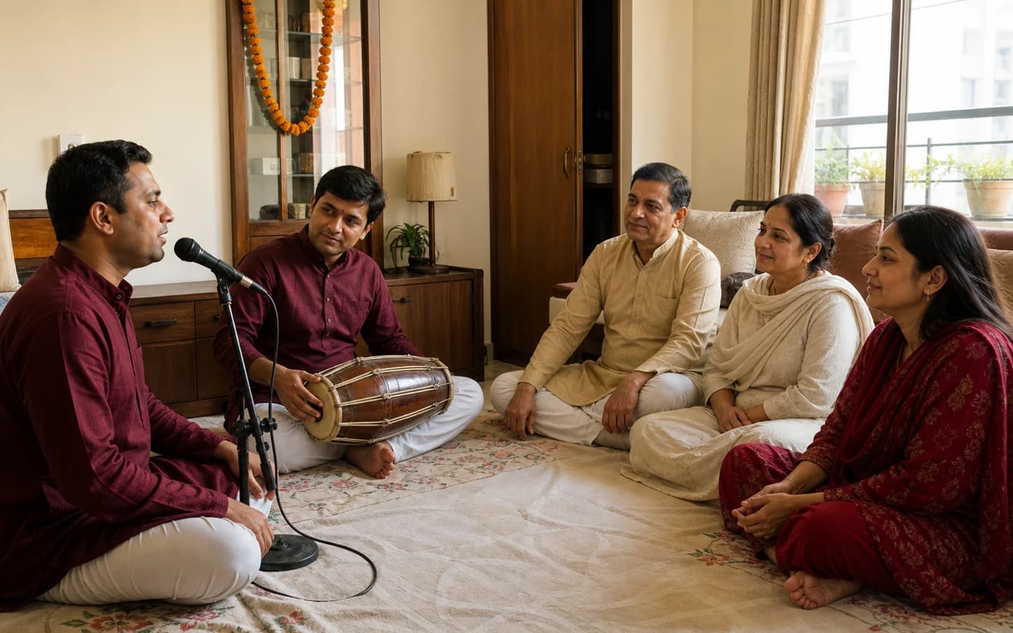 A singer and dholak player leading a small family kirtan inside a Delhi home