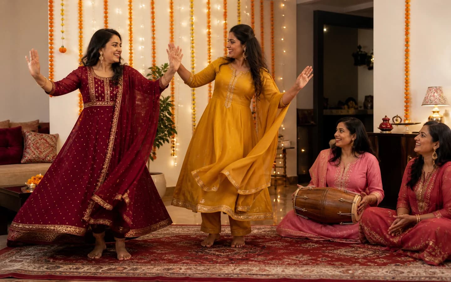 Women dancing while family members sing and play dholak at a ladies sangeet