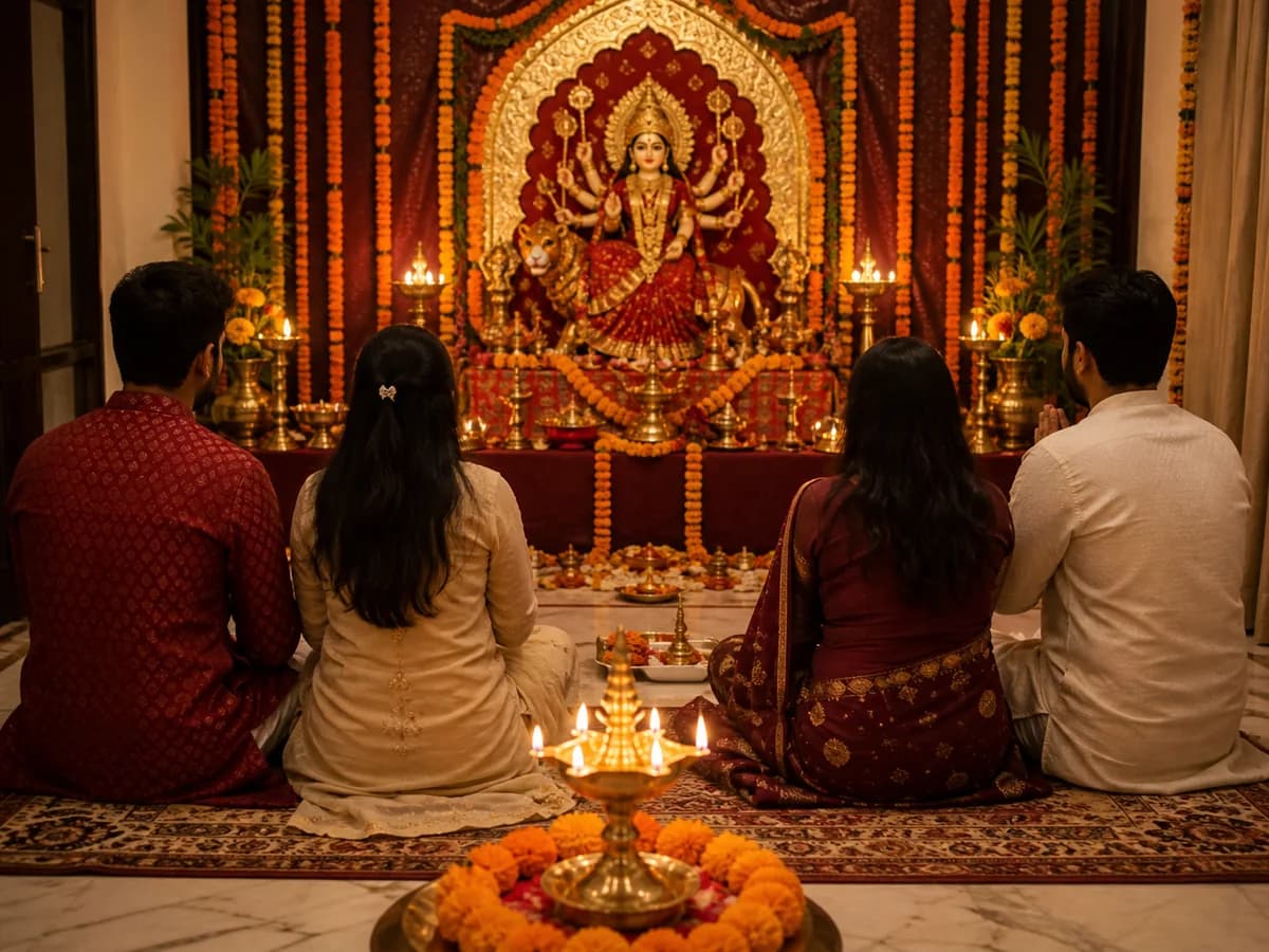 Devotees praying before a decorated Navratri darbar and glowing brass jyot