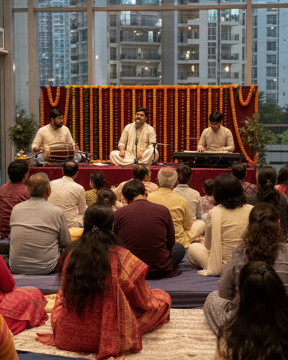 A community kirtan with families in a Noida high-rise society clubhouse